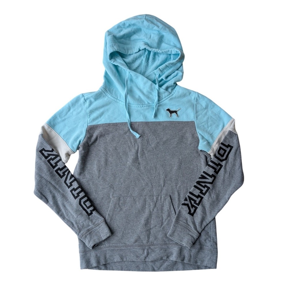 PINK Victoria's Secret Colorblock Hoodie Sweatshirt Pastel Blue‎ Grey Logo XS
